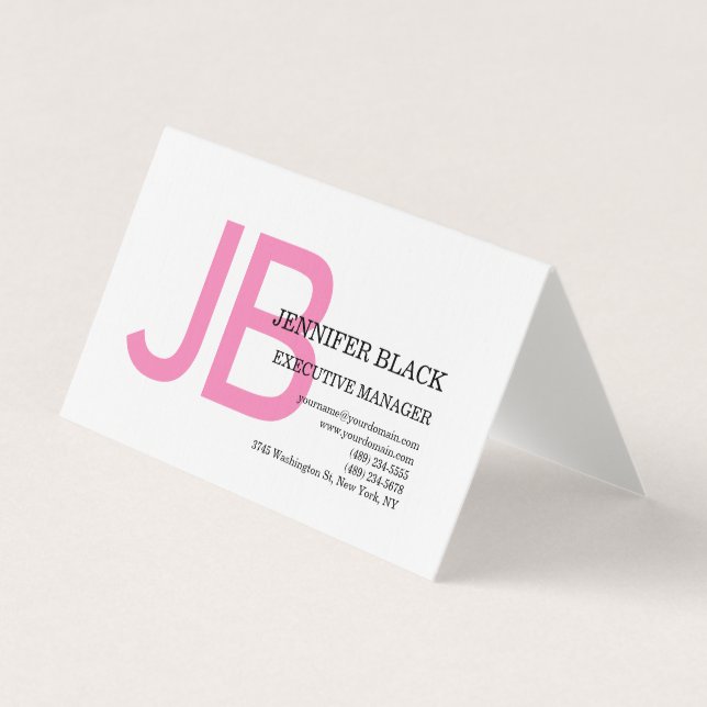 Linen Bold Monogram Pink White Modern Plain Business Card (Front)