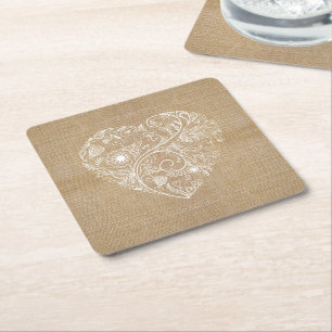 Linen burlap flower heart square paper coaster