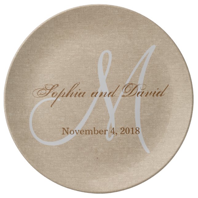 Linen Canvas Wedding Monogram Initial Plate (Front)