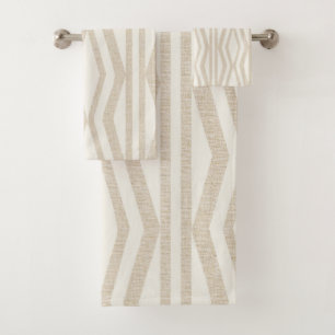 Linen Cream Beige Geometric Bath Towel Set