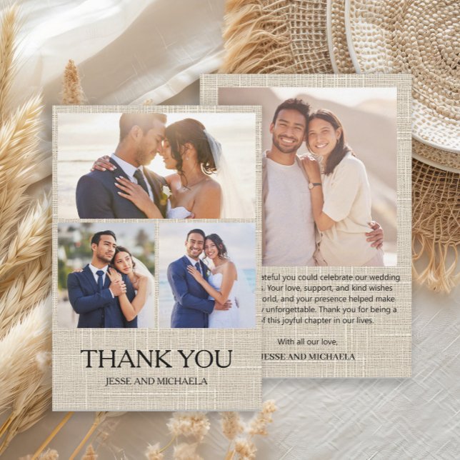 Linen Design Wedding 4 Photo Collage Thank You (Linen 4-photo collage wedding Thank You card)
