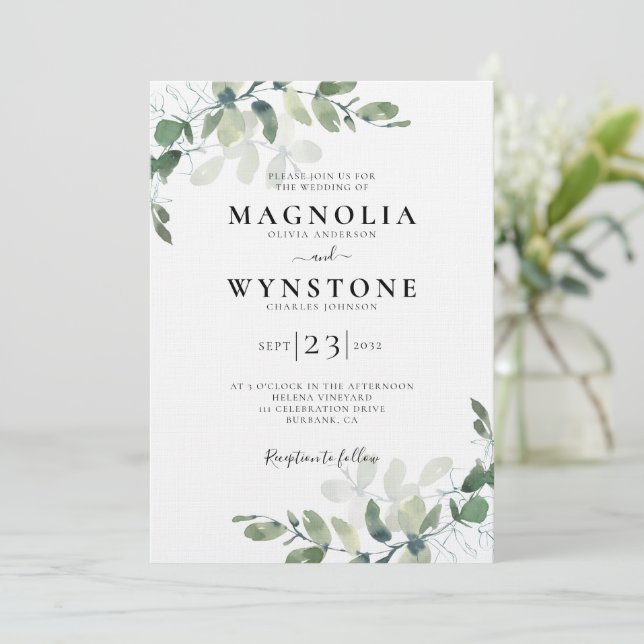 Linen Eucalyptus Botanical Luxury Wedding Invitation (Standing Front)