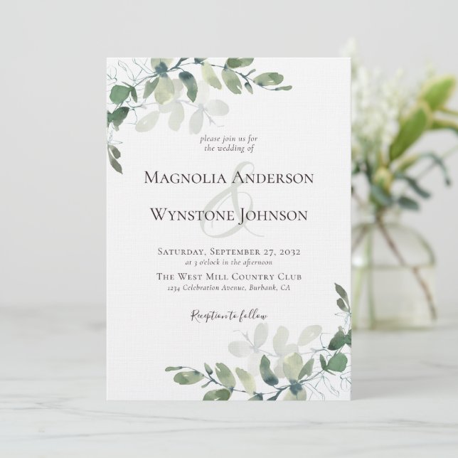 Linen Eucalyptus Greenery Luxury Wedding Invitation (Standing Front)
