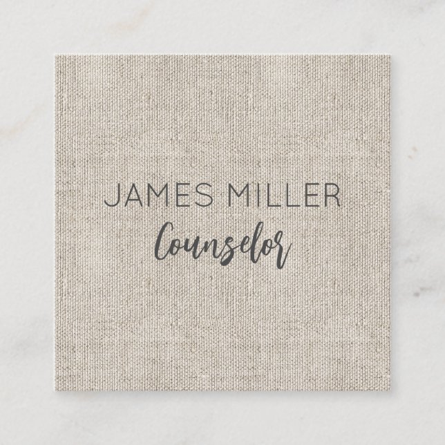 Linen Fabric Natural NAME Office Timeless Square Business Card (Front)