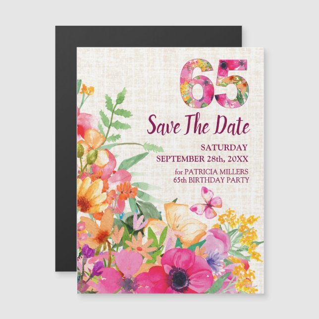 Linen Floral 65th Birthday Save the Date Magnetic Invitation (Front/Back)