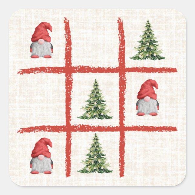 Linen Gnome Christmas Trees Tic Tac Toe Square Sticker (Front)