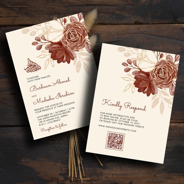 Linen gold glitter watercolor floral Islamic QR Invitation (Creator Uploaded)