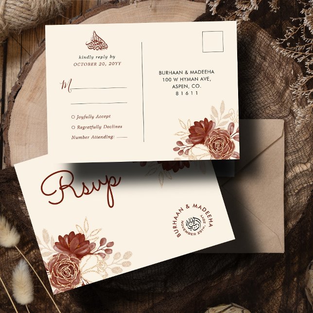 Linen gold glitter watercolor Muslim Wedding RSVP Postcard (Creator Uploaded)