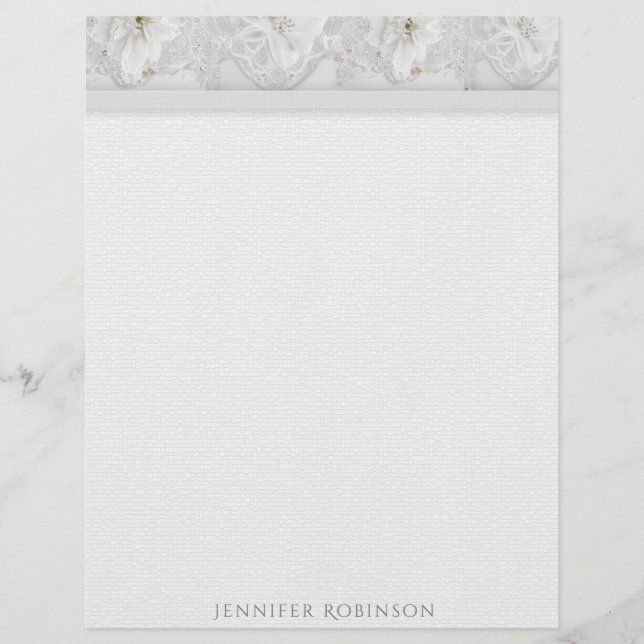 Linen, Lace and White Flowers Stationery  Custom Letterhead (Front)