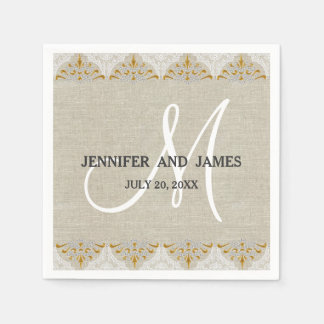 Linen Lace Gold Rustic Wedding Paper Napkins