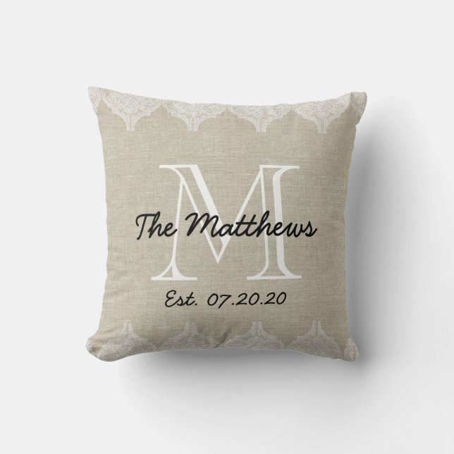 Linen Lace Look Custom Monogram Cushion (Front)