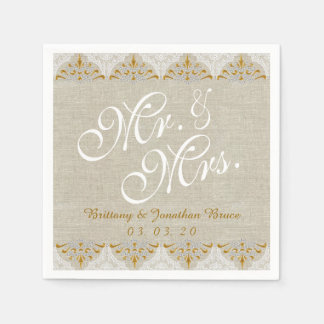 Linen Lace Mr. Mrs. Rustic Wedding Paper Napkins