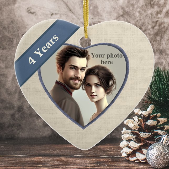 Linen Look 4th Anniversary (Blue): Add a Photo Ceramic Tree Decoration (Creator Uploaded)
