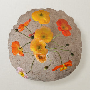 Linen look bright happy poppy round cushion