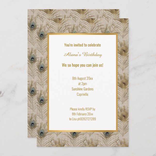 LINEN LOOK PEACOCK FEATHER INVITATION (Front/Back)