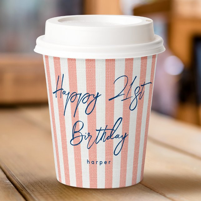 Linen Look Striped Celebration Birthday 21st Coral Paper Cups (Creator Uploaded)