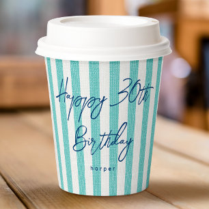 Linen Look Striped Celebration Birthday 30th Mint Paper Cups