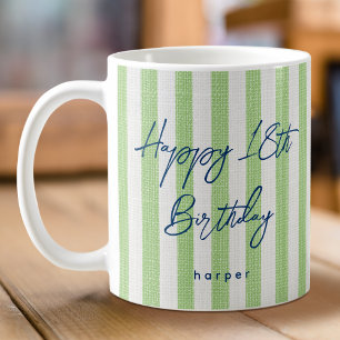 Linen Look Striped Happy Birthday 18th Green Coffee Mug