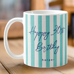 Linen Look Striped Happy Birthday 30th Mint Coffee Mug