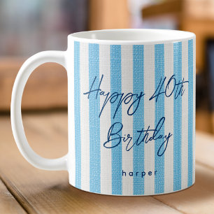 Linen Look Striped Happy Birthday 40th Light Blue Coffee Mug