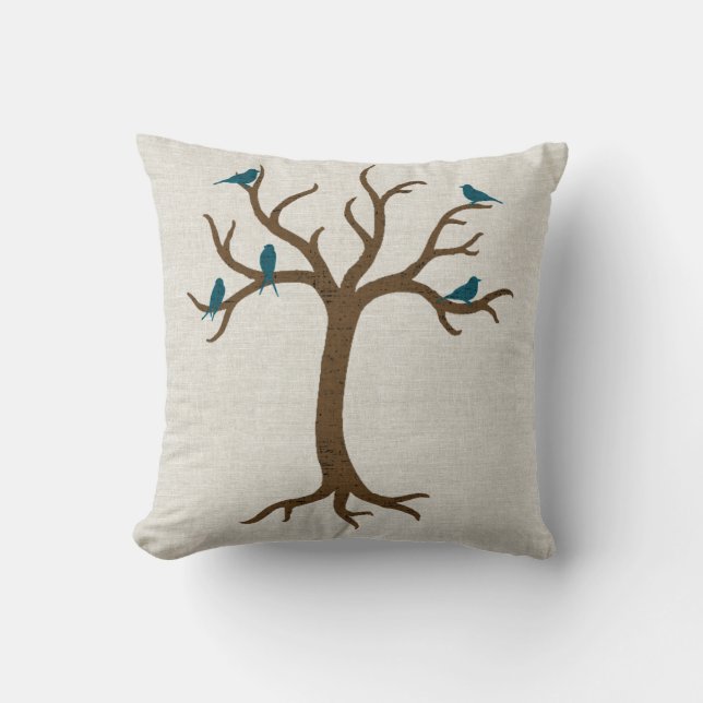 Linen Look Tree with Blue Birds Pillow (Front)