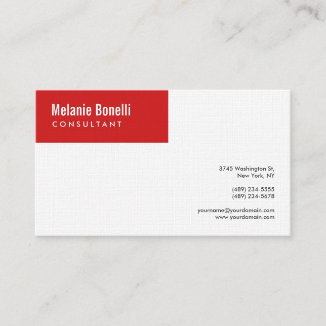 Linen Minimalist Plain Red White Modern Standard Business Card (Front)