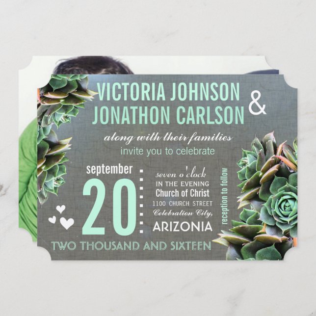 Linen Mint Succulent Your Photo Wedding Invitation (Front/Back)