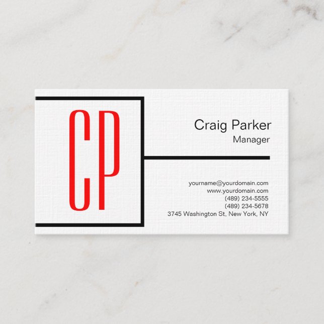 Linen Modern Black White Red Monogram Professional Business Card (Front)