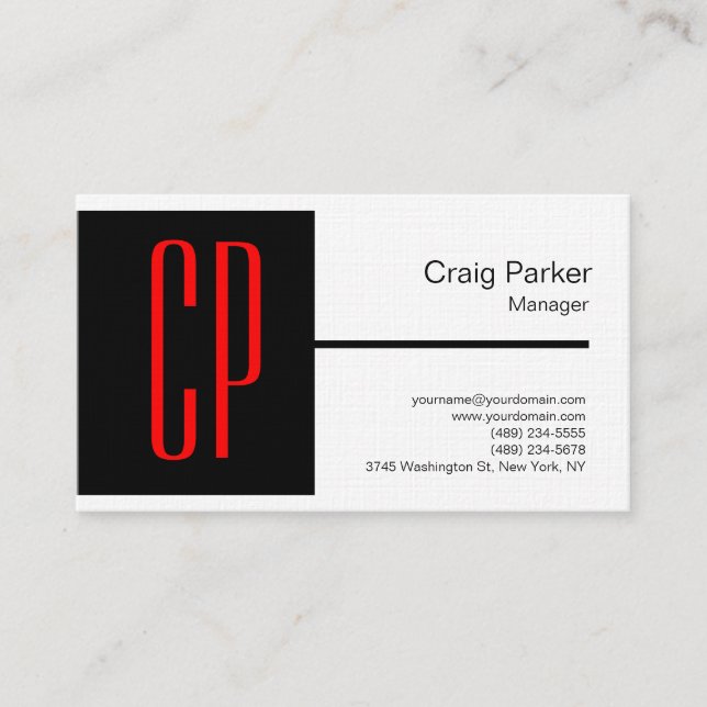 Linen Modern Black White Red Monogram Professional Business Card (Front)