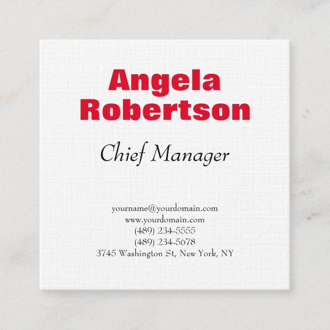 Linen modern plain simple minimalist red white square business card (Front)