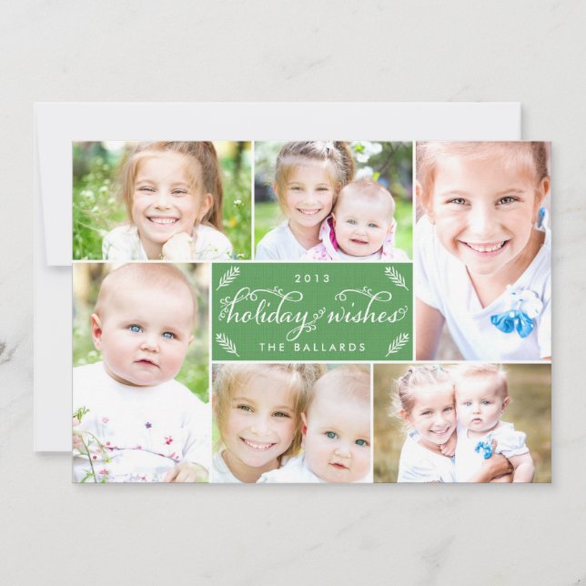 Linen Montage Holiday Photo Card - Green (Front)