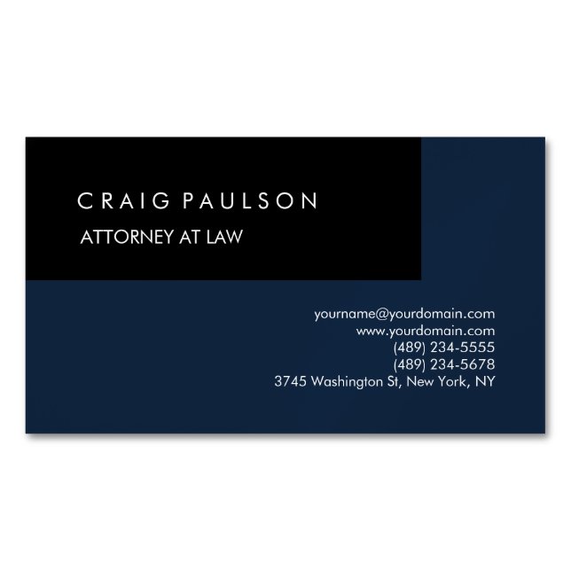 Linen Navy Blue Black Elegant Plain Professional Magnetic Business Card (Front)