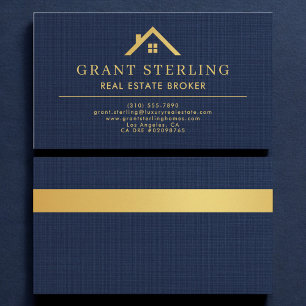 Linen Navy Blue Gold House Real Estate Broker Business Card