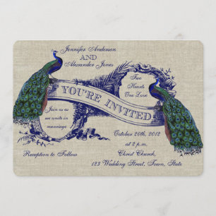 Linen Peacocks Rustic Wedding Invitation