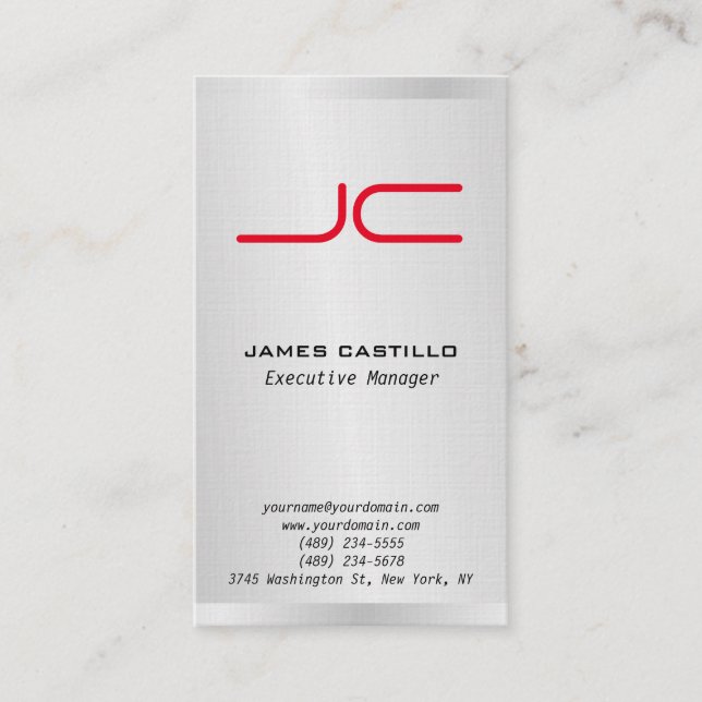Linen Professional Modern Grey Red Monogram Business Card (Front)