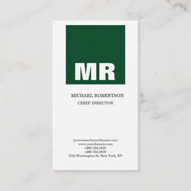 Linen Professional Monogram White Green Plain Business Card (Front)