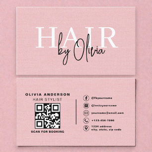 Linen QR Code Hair Stylist Pink Typography Business Card