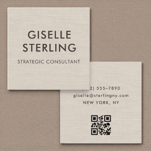 Linen QR Code Modern Minimal Typography Square Business Card