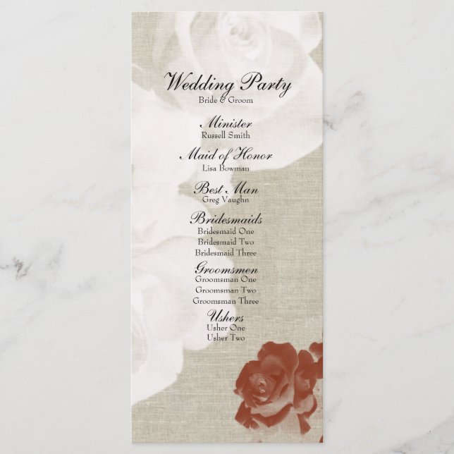 Linen Red White Ghost Roses Wedding Program Programme (Front)