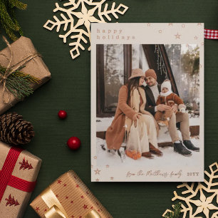 Linen Rose Gold Foil Stars Happy Holidays Photo Holiday Card