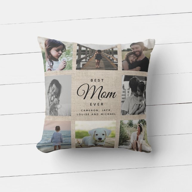Linen Rustic Mother's Day Mom Family Photo Collage Cushion (Creator Uploaded)