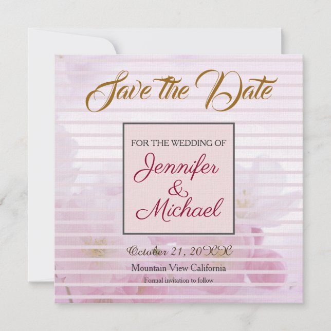 Linen Save the Date Wedding Pink Flowers Elegant (Front)