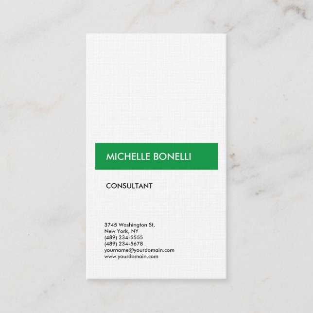 Linen Simple Plain Modern Minimalist Green White Business Card (Front)