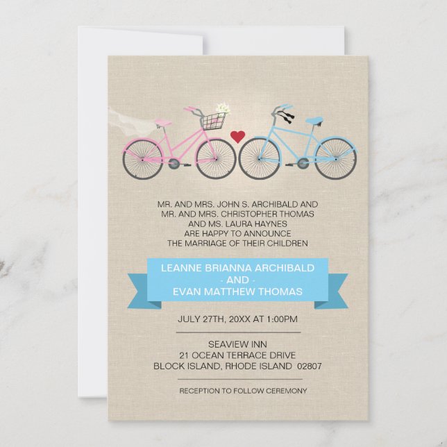 Linen Style Bicycle Wedding Invitation (Front)