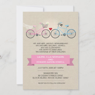 Linen Style Pink Bicycle Wedding Invitation