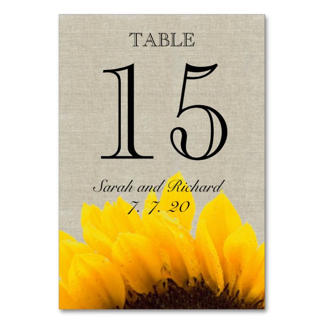 Linen Sunflower Rustic Wedding Table Number Card (Front)