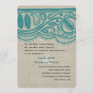 Linen Teal Lace Vintage Modern Wedding Invitation