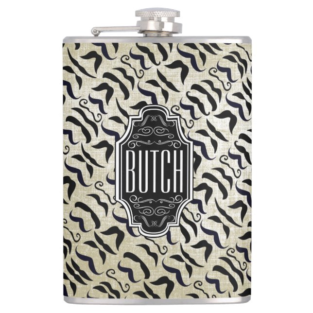 Linen Texture Background on a Personalised Mustach Hip Flask (Front)
