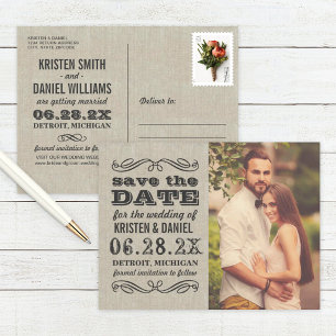 Linen Texture Vintage Photo Save the Date Announcement Postcard