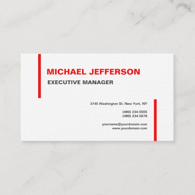 Linen Trendy Modern Elegant Simple Red White Business Card (Front)